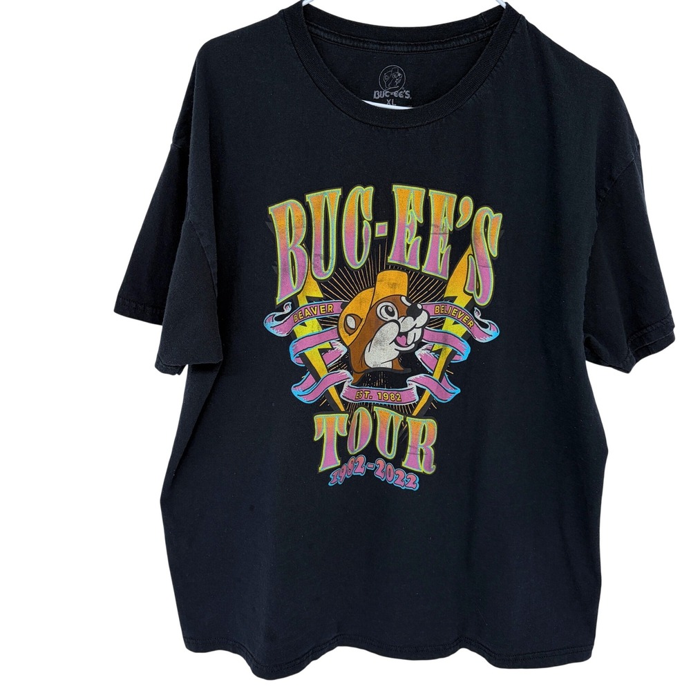 Buc-ees Beaver Tour T Shirt XL‎ Men's Black Graphic Tee Double Sided Cotton